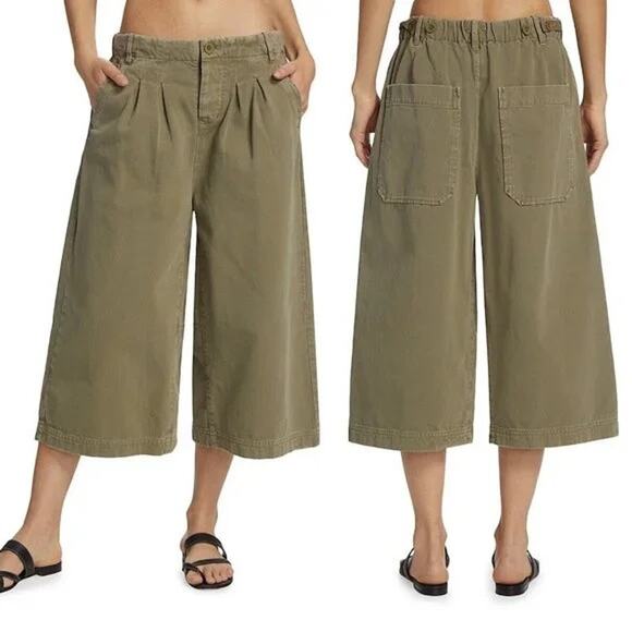 NEW Free People Hard Rain Mid Rise Cropped Gaucho Pants Green Sz 0 (Oversized) - Picture 2 of 16